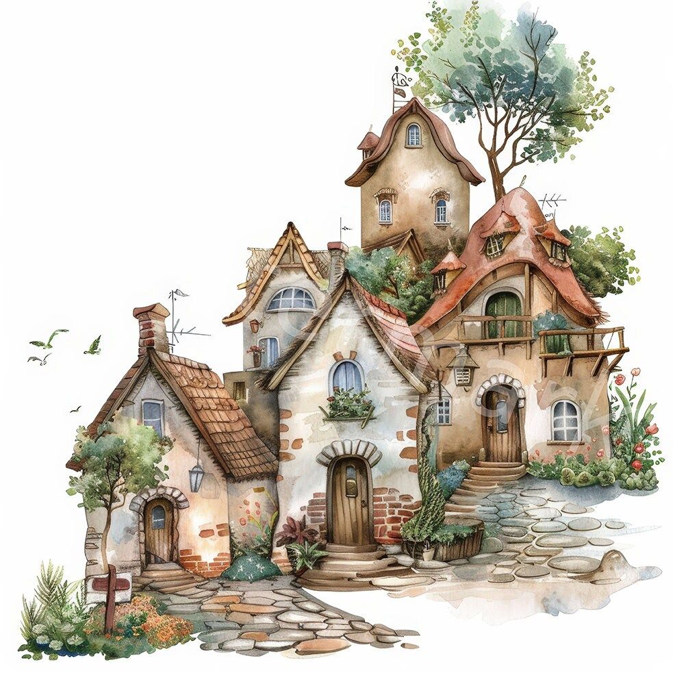 Watercolor illustration of whimsical cottage houses with stone paths, trees, and rustic roofs