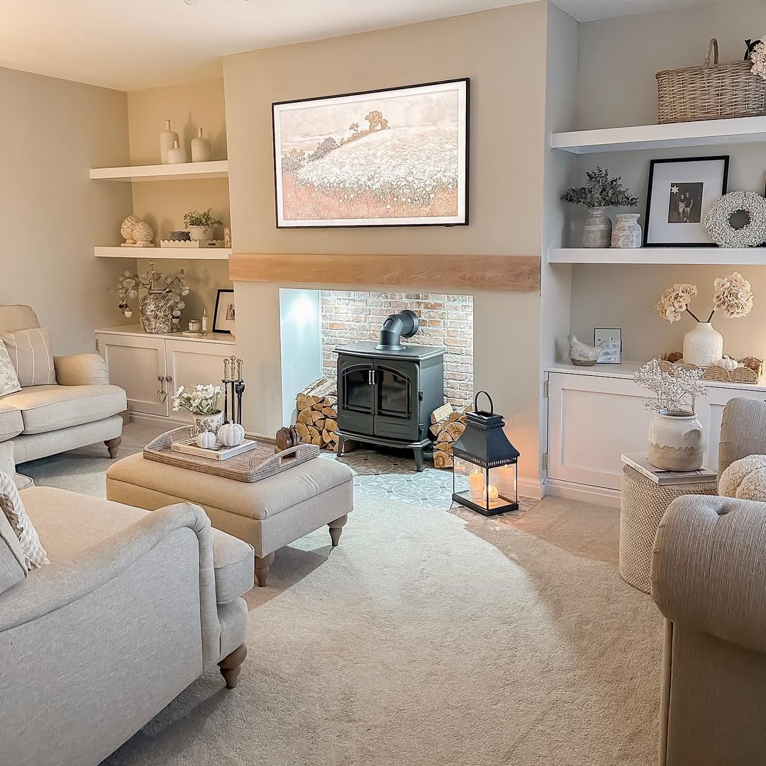 Bright neutral living room with fireplace, wood stove, shelves, armchairs, and a soft rug