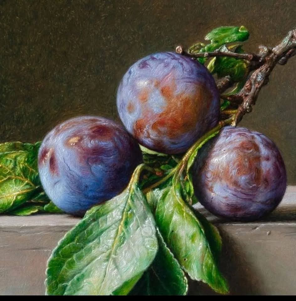 Still life painting of three purple plums with green leaves on a ledge