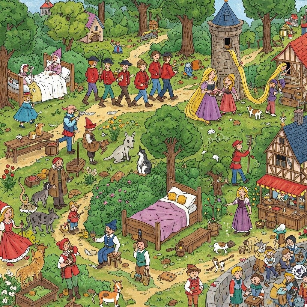 Colorful illustrated fairy tale scene with multiple characters and story elements in a village setting
