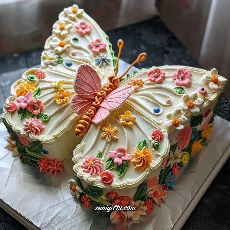 Butterfly-shaped cake decorated with colorful frosting flowers and piped swirls on white fondant