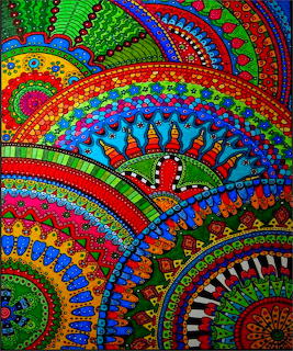 Colorful mandala with intricate dot patterns and concentric circles in vibrant rainbow hues