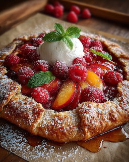 Rustic fruit galette with raspberries, peaches, whipped cream and mint garnish on wooden board