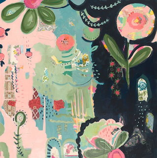 Abstract floral collage with pink flowers, green leaves, and decorative patterns on textured background