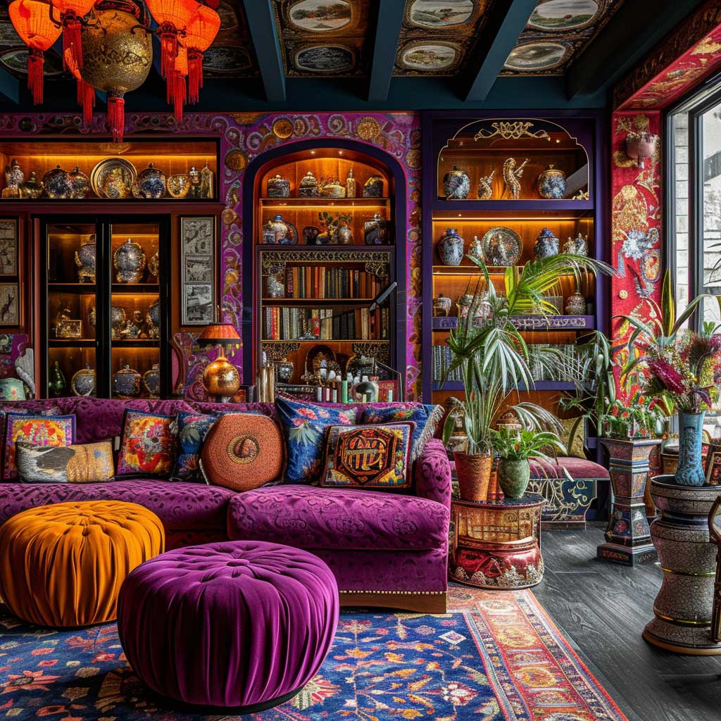 Richly decorated maximalist living room with purple velvet seating, ornate cabinets, plants, and colorful patterns