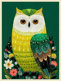 Decorative owl with yellow body and green head surrounded by colorful flowers on dark green background