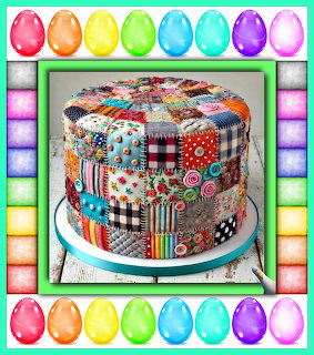 Round cake covered in multicolored patchwork squares on turquoise stand with rainbow egg border