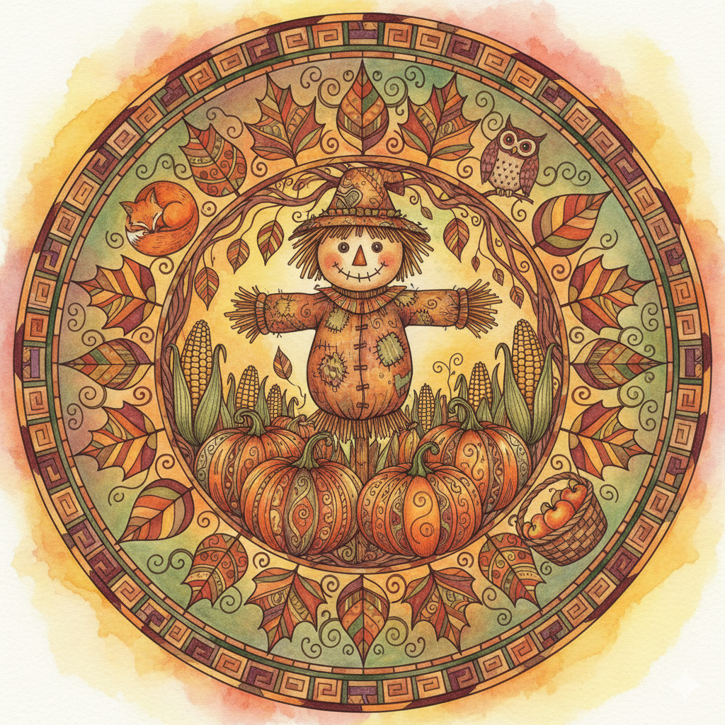 Decorative mandala with scarecrow, pumpkins, and fall foliage in circular pattern