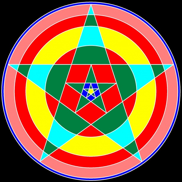 Colorful circular mandala with nested star patterns in red, yellow, green, cyan, and blue