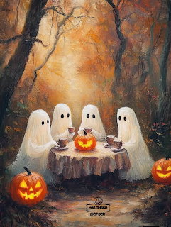 Four white sheet ghosts having a tea party around a tree stump with glowing pumpkins in a misty autumn forest