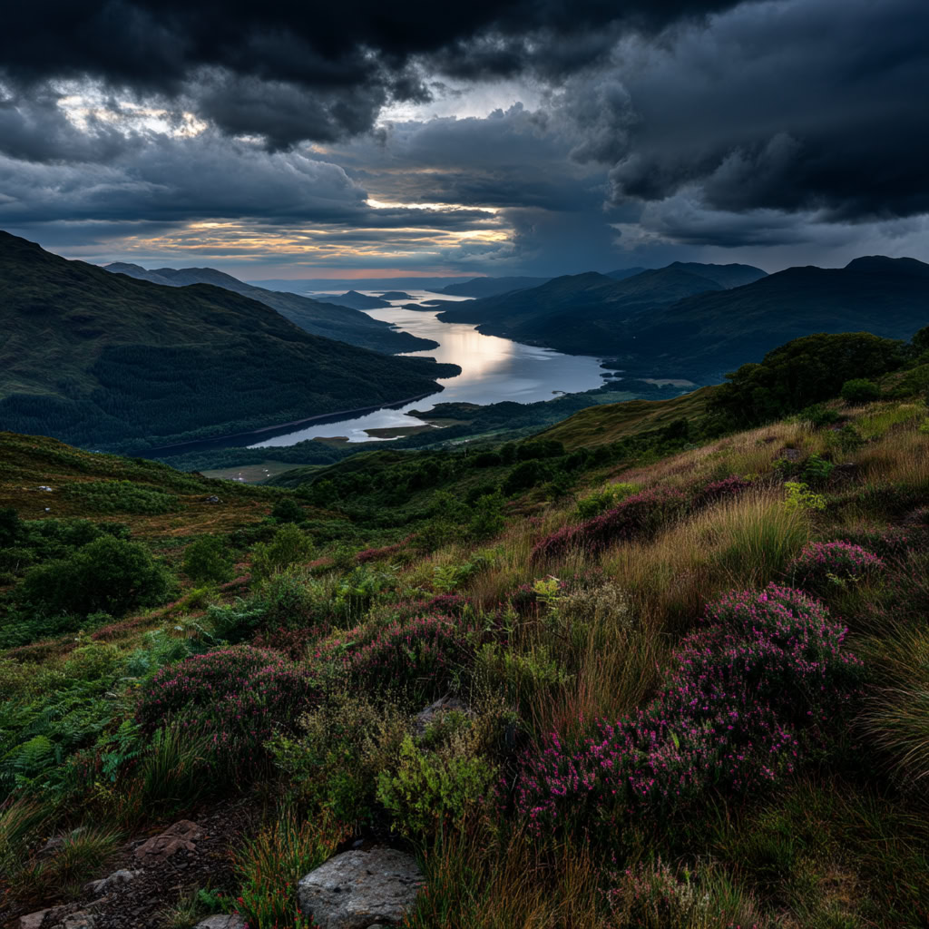 Storm clouds over a mountain valley with a winding lake and heather on grassy hills