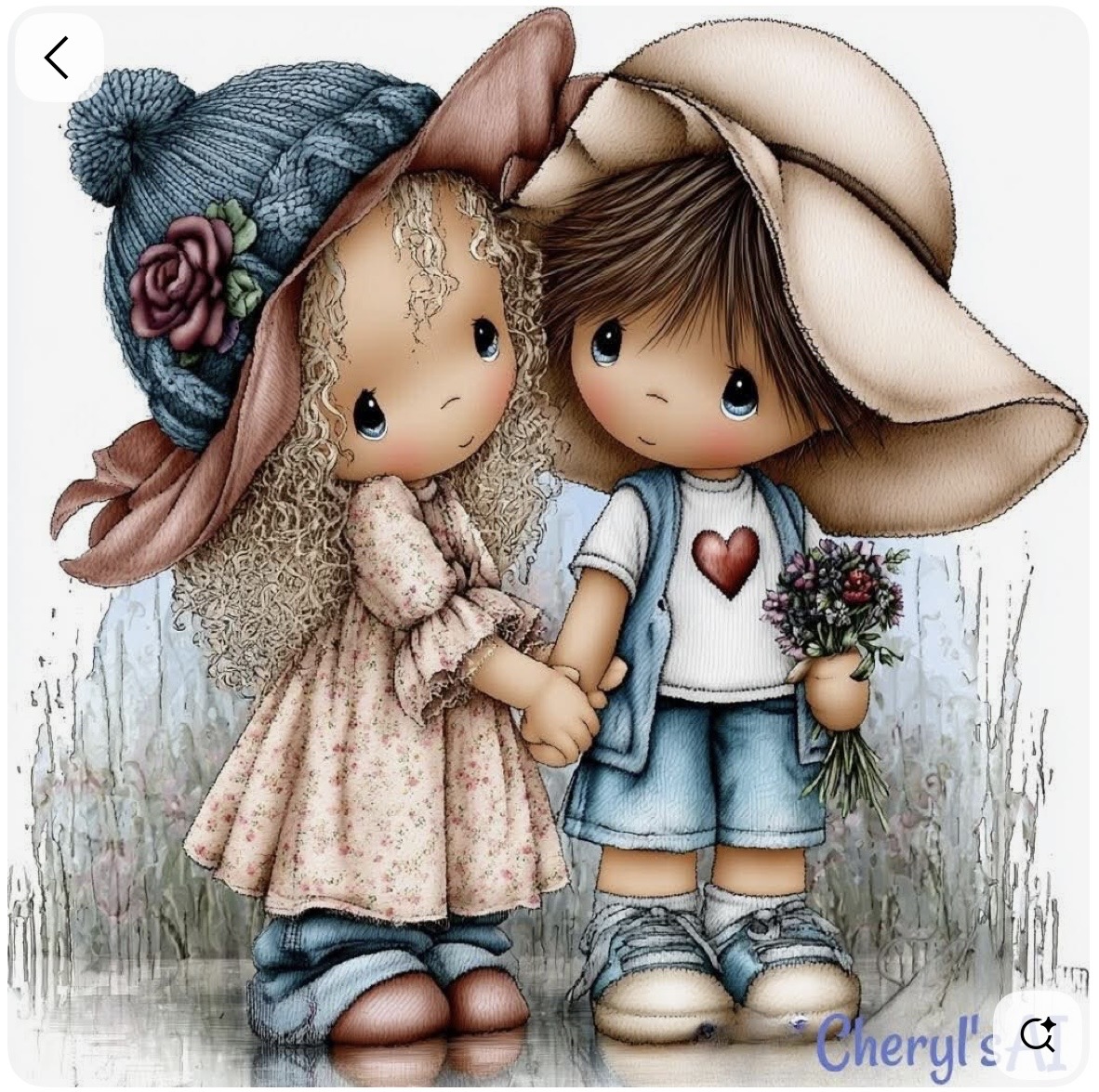 Two cute illustrated bunnies in vintage clothing holding hands against a weathered wood backdrop