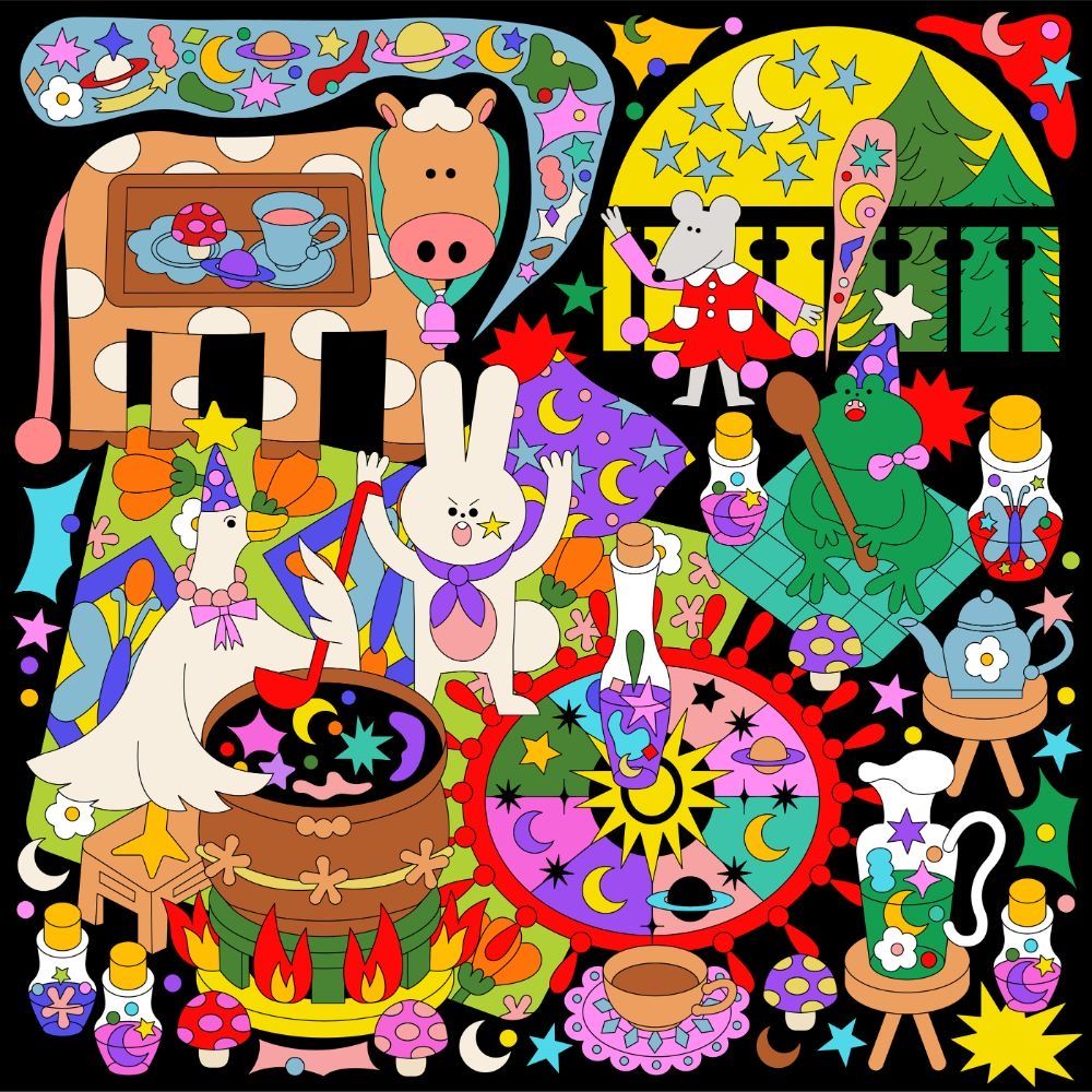 Vibrant cartoon collage of cheerful animals playing music, having tea party, surrounded by colorful patterns and party elements