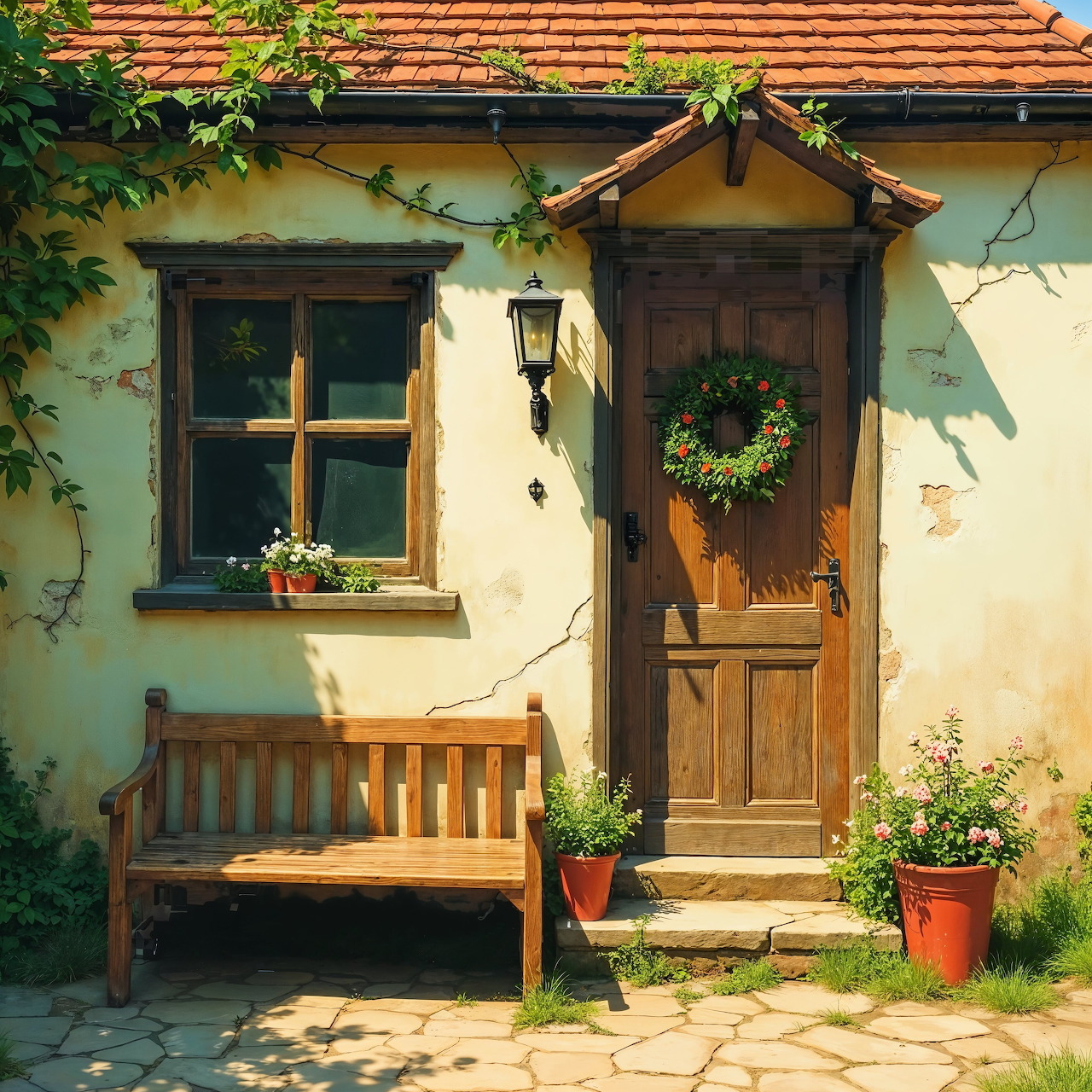 Rustic cottage entrance with wooden door, wreath, window, bench and flowering plants in sunny courtyard