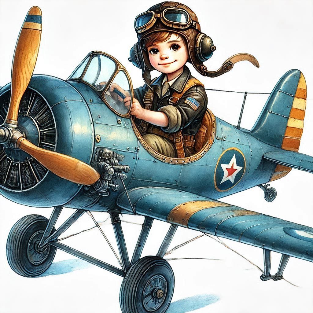 Illustrated young pilot in a blue vintage propeller airplane wearing goggles and aviator gear