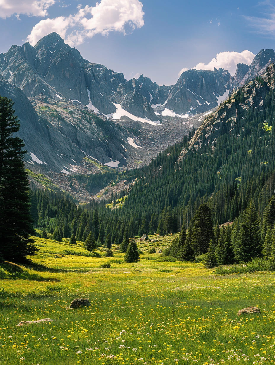 Snow-capped Sangre de Cristo Mountains in Colorado with forested foothills