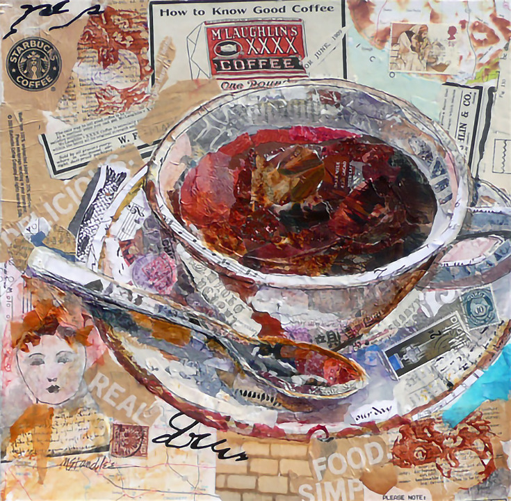 Mixed media collage painting of a coffee cup, saucer, and spoon over vintage paper textures