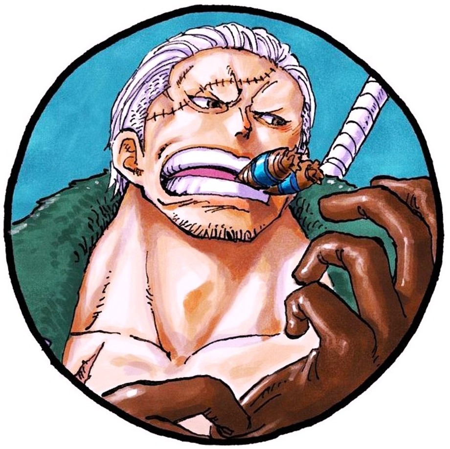 Anime portrait of Smoker from One Piece with white hair, cigars, and intense expression against blue background