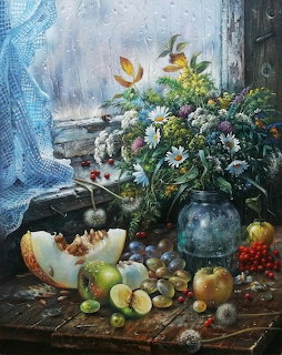 Still life painting of wildflowers by a window with fruit on a wooden table