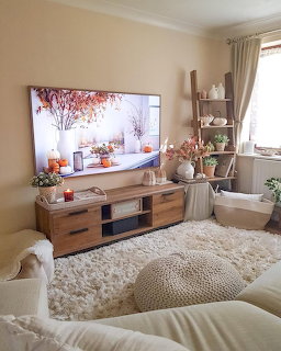 Cozy living room with white shag rug, wooden TV console, autumn scene on TV, and decorative plants
