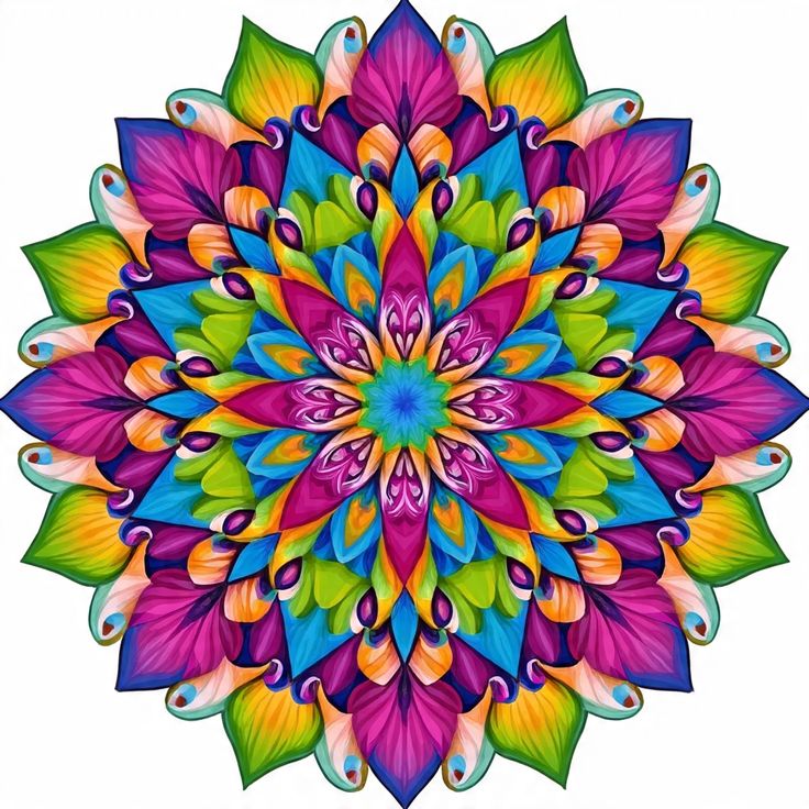 Colorful symmetrical mandala with layered petals in vivid pink, blue, green, and yellow
