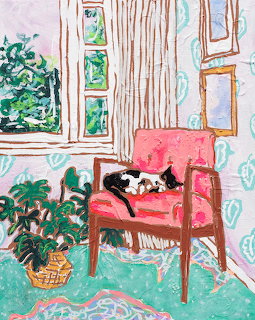 Tuxedo Cat Napping in Pink Chair