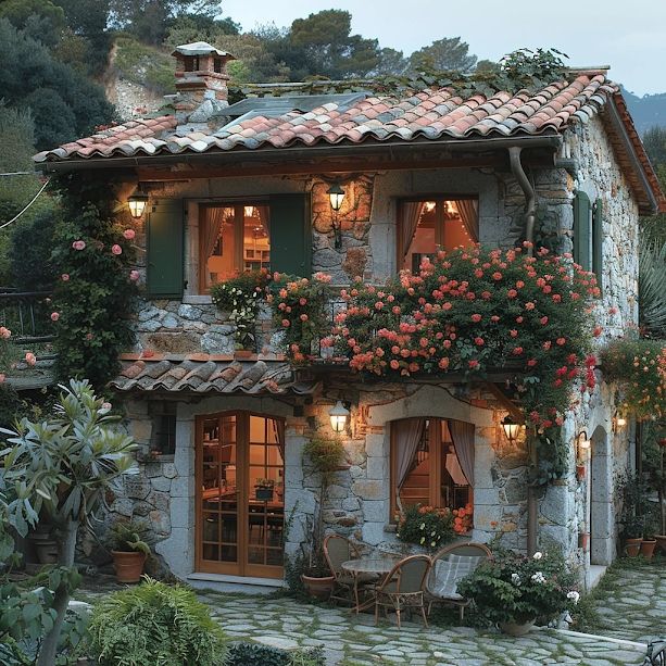 Rustic stone cottage with lit windows, tiled roof, and pink flowering plants outside