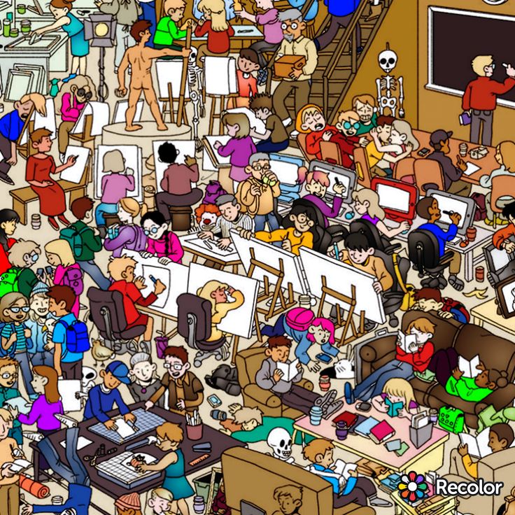 Cartoon illustration of a crowded office filled with diverse animated characters at desks and computers