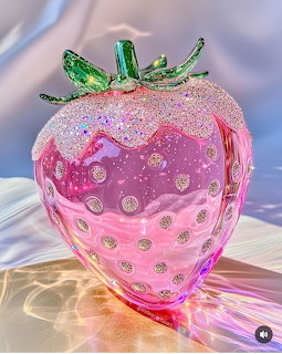 Iridescent pink and purple crystal strawberry with green glass leaves and bubble dots on reflective surface