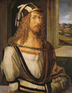 Renaissance painting of a man with long curly hair wearing gloves and a white shirt with a landscape window behind him