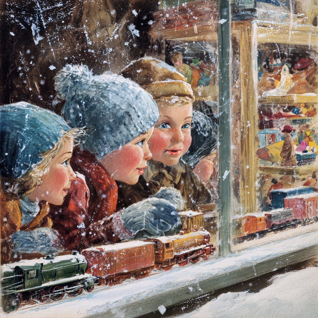 Three children in winter hats looking at toy trains through a snowy shop window