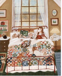 Illustrated cozy bedroom with an iron bed, patchwork quilt, window, lamp, and children on the bed