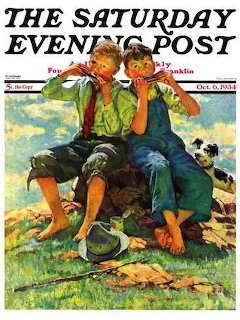 Vintage illustrated cover showing two barefoot boys sitting on a rock outdoors with a small dog