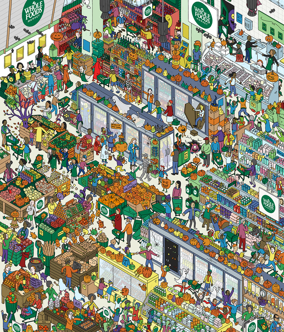 Colorful isometric illustration showing a busy multi-floor office with many workers and desks