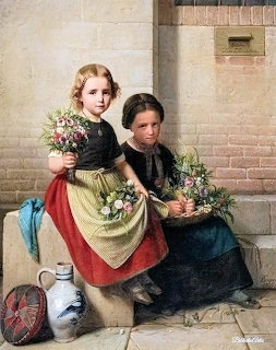 Oil painting of two young girls holding flower bouquets sitting on stone steps