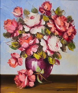Oil painting of pink roses bouquet in purple vase with thick brushstrokes