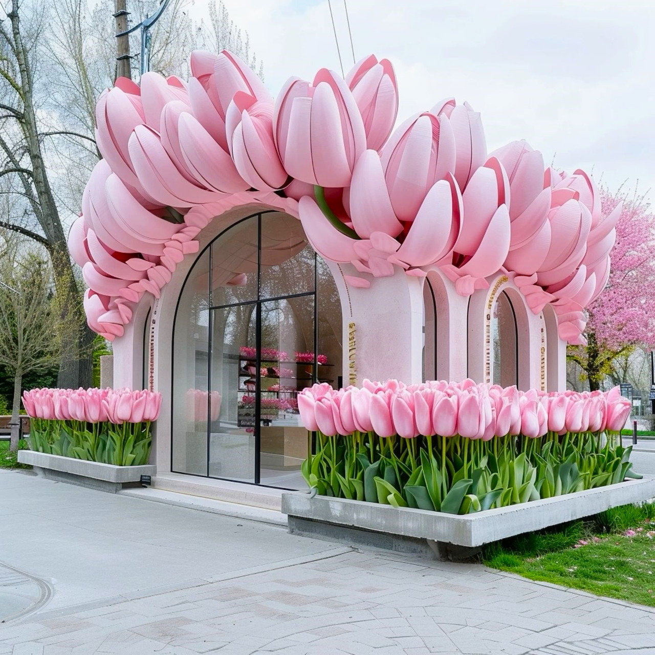 Storefront building decorated with oversized pink tulip sculptures and tulip flowers in planters