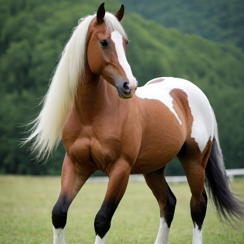 Brown and white pinto horse standing in a grassy field
