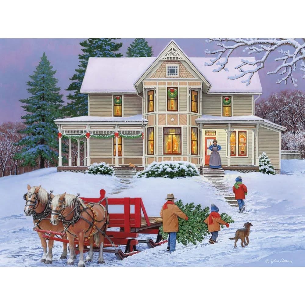 Horse-drawn sled with Christmas tree approaching a glowing Victorian farmhouse in snowy twilight with people and dog outside