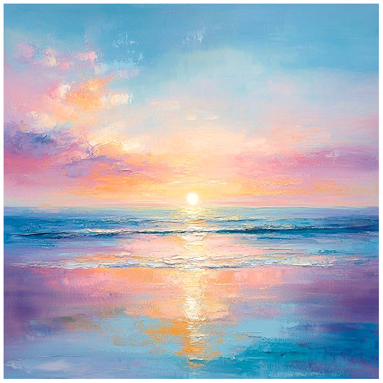 Colorful sunset painting over ocean with pink and orange sky reflected in calm water