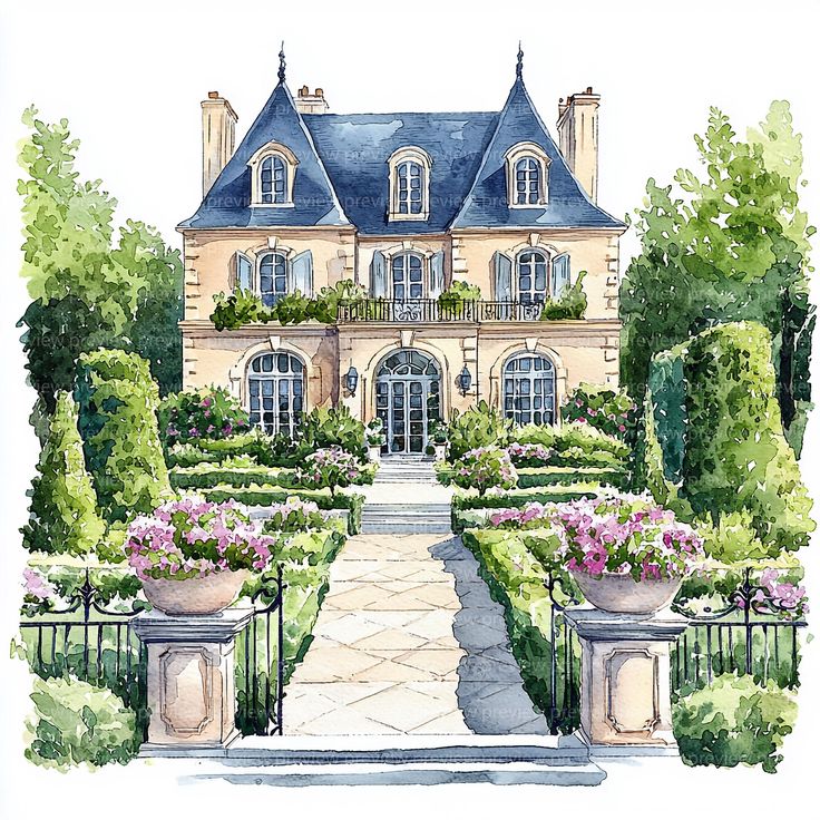 Watercolor painting of a stately mansion with a formal garden, stone path, and pink flower planters
