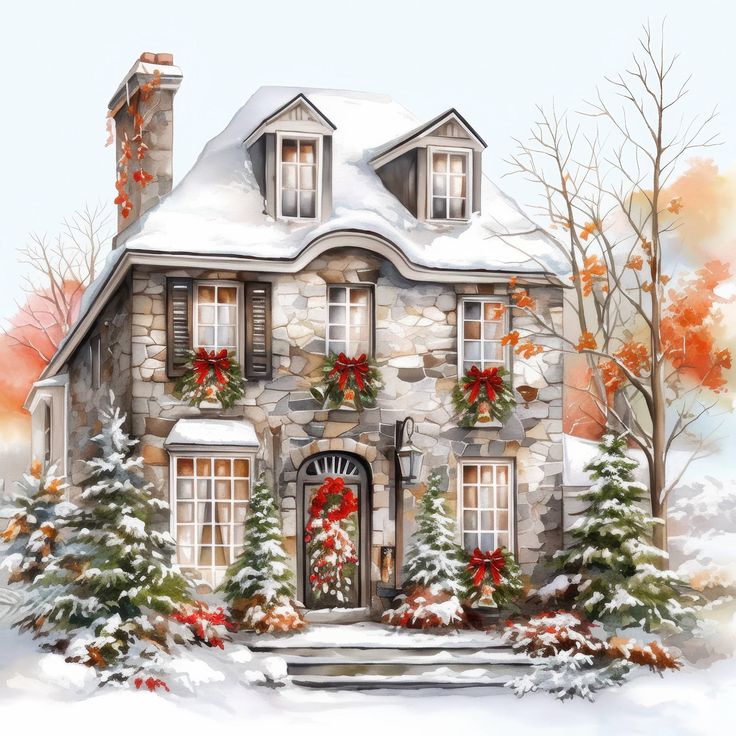 Watercolor illustration of a snow-covered stone house with Christmas decorations and evergreen trees