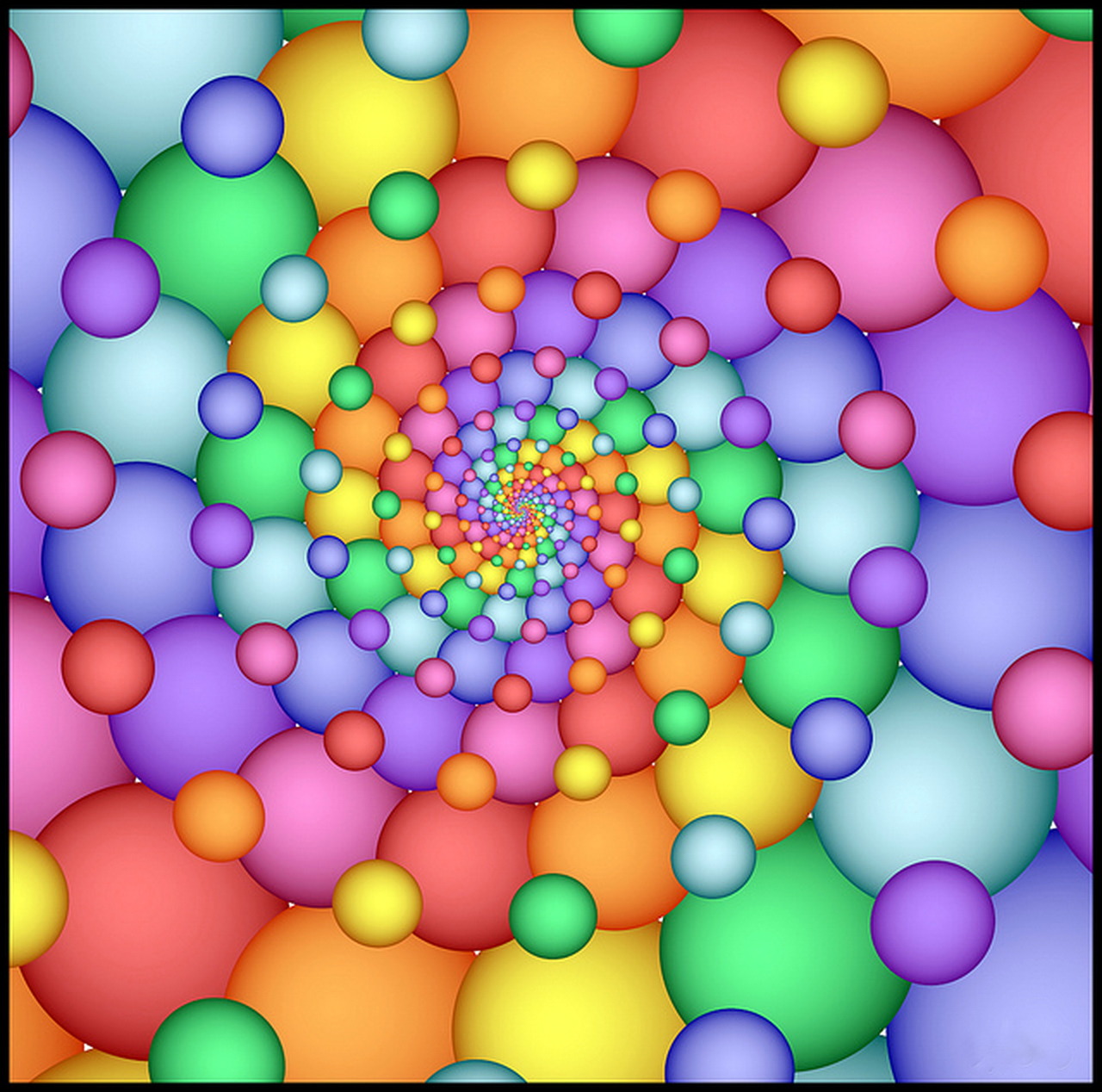 Colorful 3D fractal spiral of pastel spheres forming a tunnel pattern with rainbow gradient colors