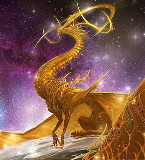 Illustrated star dragon with glowing scales on a cosmic background