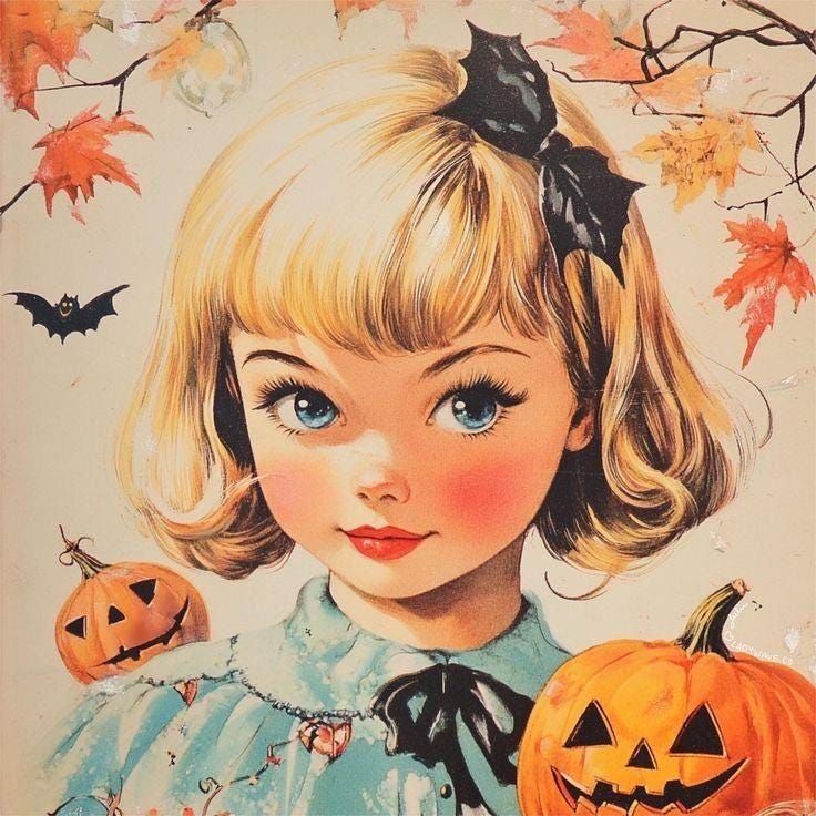 Vintage illustration of a blonde girl with a black bow surrounded by pumpkins, bats, and fall leaves