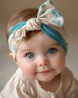 Smiling baby girl with blue eyes and decorative bow headband