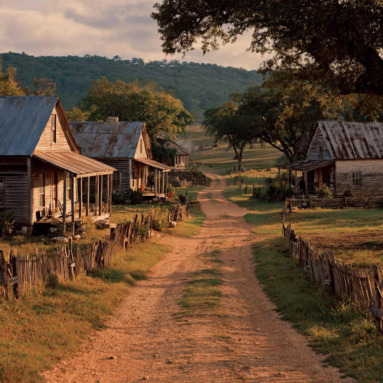 Dirt road through an old rural village with wooden houses, fences, and trees