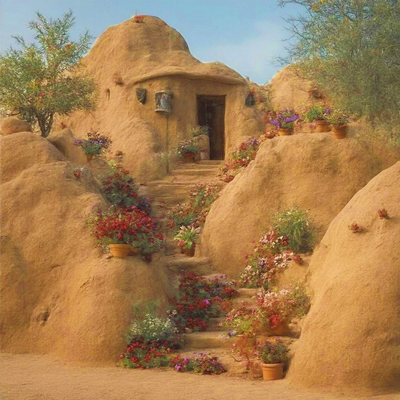 Adobe house with flower-lined stairs in desert setting
