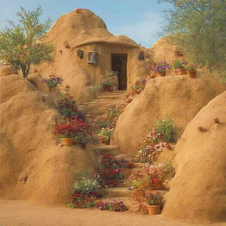 Adobe House with Flowering Stairs