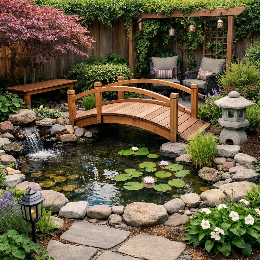 Wooden bridge over a lily pond in a landscaped garden with rocks, flowers, and outdoor chairs